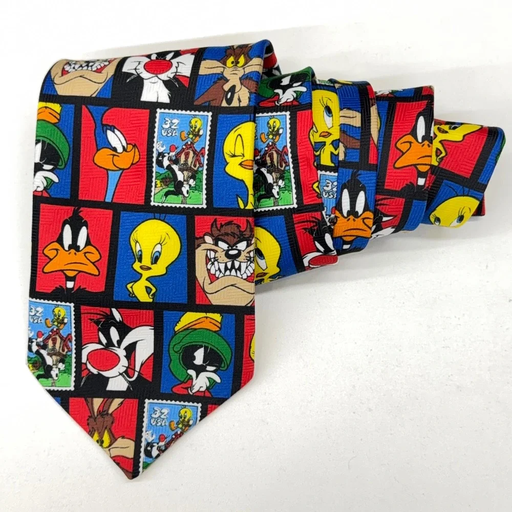 Vintage 1997 Looney Tunes Stamp Collection USPS Mens Tie Color Block Characters